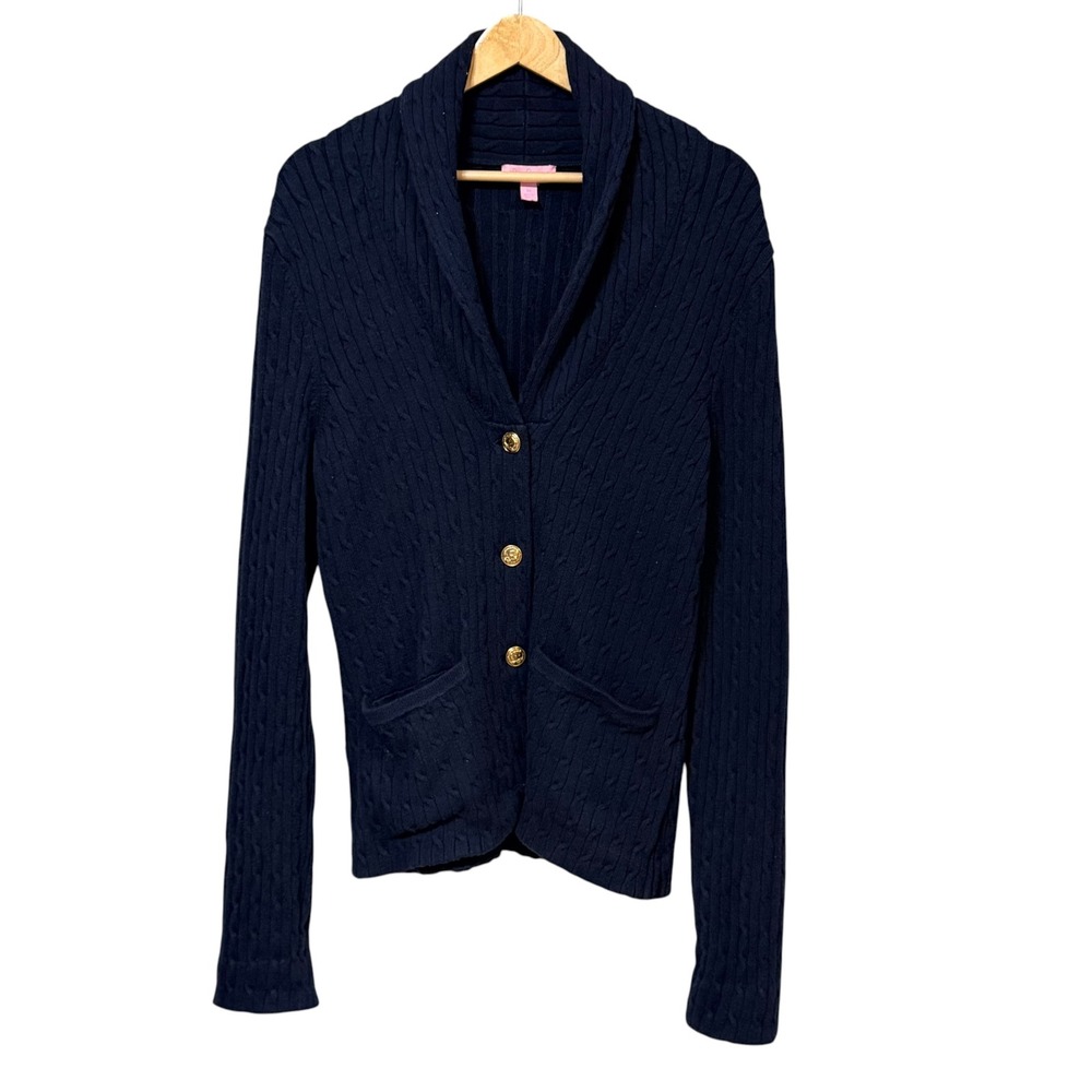 Lilly Pulitzer Navy Blue Merino Wool Blend Cable Knit Shawl Cardigan Medium